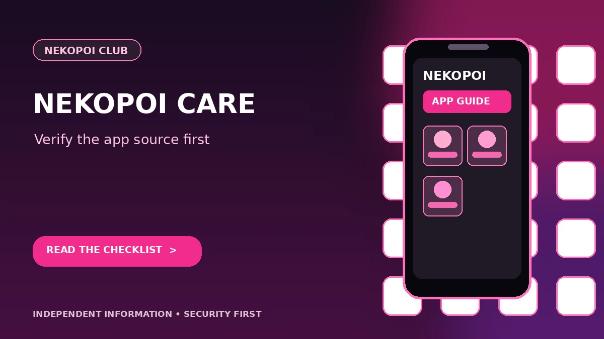nekopoi care download guide graphic with a mobile app interface and safety checklist