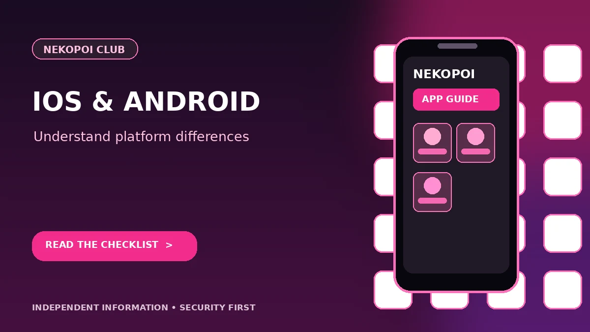 nekopoi ios guide graphic with a mobile app interface and safety checklist
