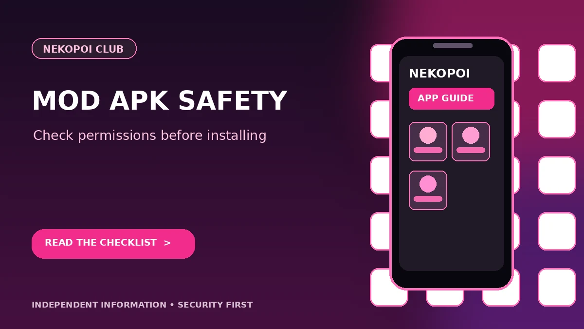 nekopoi mod apk guide graphic with a mobile app interface and safety checklist