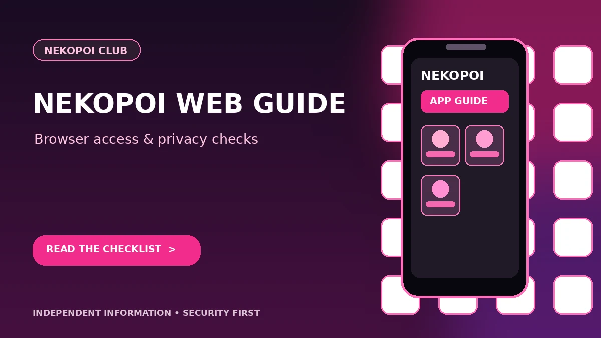 nekopoi web guide graphic with a mobile app interface and safety checklist